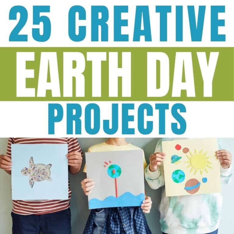 Three kids display handmade Earth Day art— a turtle collage, an Earth with a plant, and planets. Above, text reads "SQUARE Creative Earth Day Projects (1)—perfect activities for students.