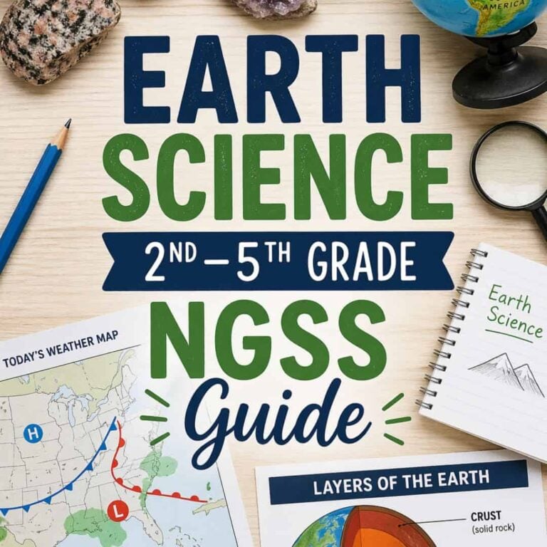 Top-down view of a desk featuring the SQUARE Earth Science Pillar Post surrounded by rocks, a globe, weather and earth layers charts, a pencil, and a notebook labeled Earth Science.