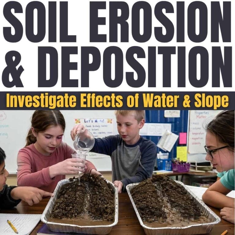 Three students use the SQUARE Soil Investigation kit to pour water over soil in trays and observe classroom demonstrations of erosion and deposition. The heading reads, "Investigate Effects of Water & Slope: Soil Erosion & Deposition.