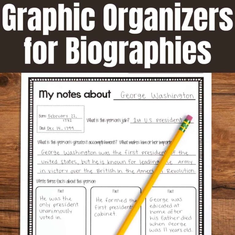 A SQUARE graphic-organizers-for-biographies (1) worksheet titled "My notes about George Washington" is filled in by hand beside a pencil, with the header showing it's a tool to help students organize details about historical figures.