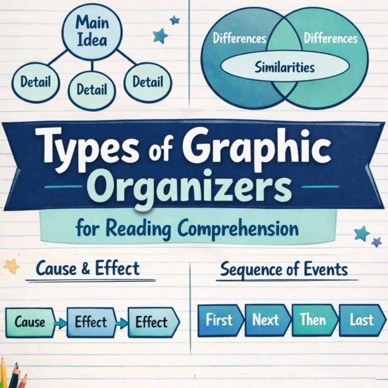 The SQUARE types-of-graphic-organizers chart features mind maps, Venn diagrams, cause and effect chains, and sequence boxes labeled First, Next, Then, Last for reading comprehension.