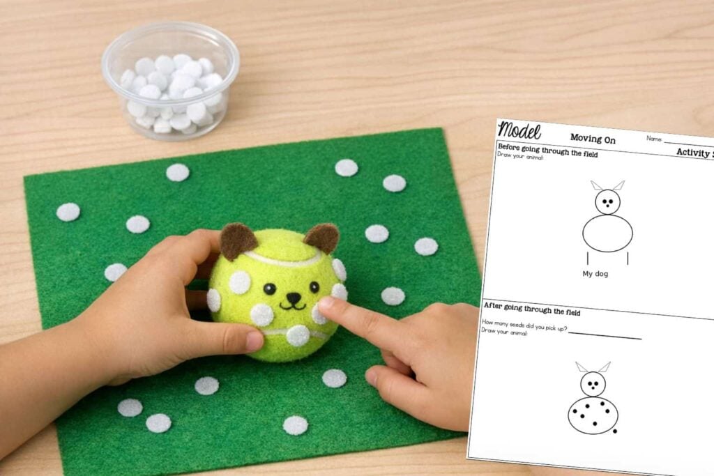 A child uses the Seed Dispersal Lab Activity, touching a green felt mat with white dots, a tennis ball designed as a dog, and completing worksheets on how seeds disperse, including counting dot changes before and after gluing.