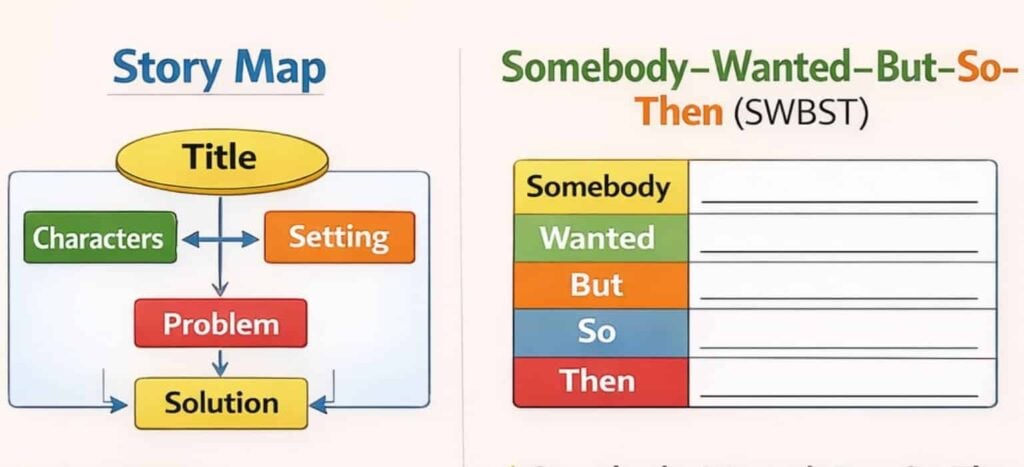 A diagram from Sequencing and Summarizing Graphic Organizers shows a story map (boxes for title, characters, setting, problem, solution) and a SWBST chart (rows for Somebody, Wanted, But, So, Then).