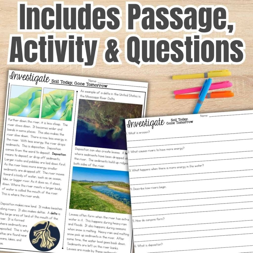 Soil Erosion Passages worksheet on a wooden desk includes a reading passage about soil, water erosion activity, questions, two landscape photos, and colored pencils. Title: "Includes Passage, Activity & Questions.