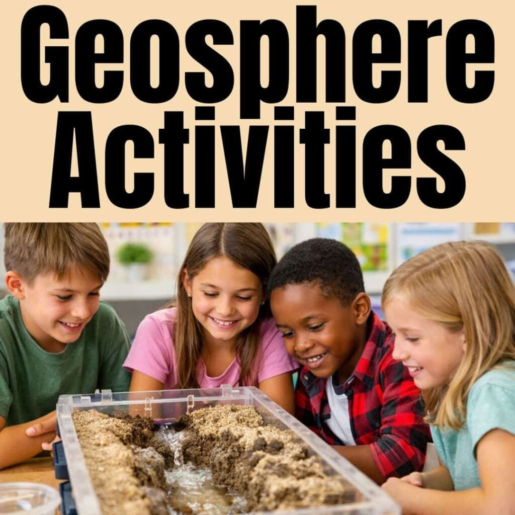 Four smiling children observe a model with sand, rocks, and water in class. Above them, bold text reads: Square Earth's Geosphere activities (1)&mdash;perfect for engaging geosphere activities 5th grade students will love.