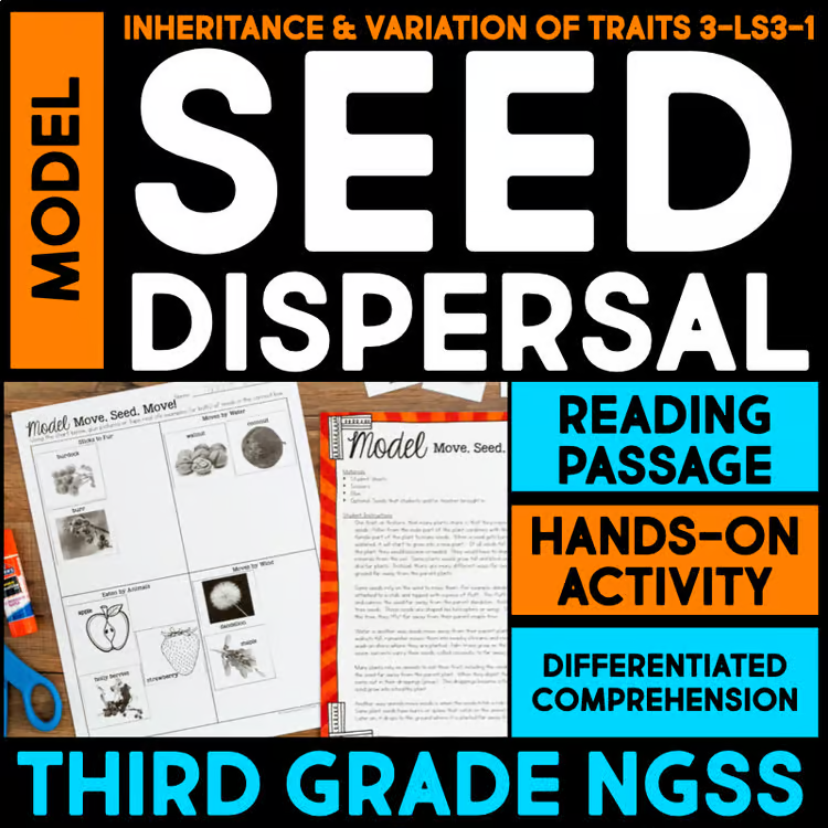 &ldquo;image&rdquo; is a third grade NGSS educational resource on seed dispersal. It offers reading passages, hands-on activities, and worksheets with plant illustrations and scientific materials displayed on a desk.