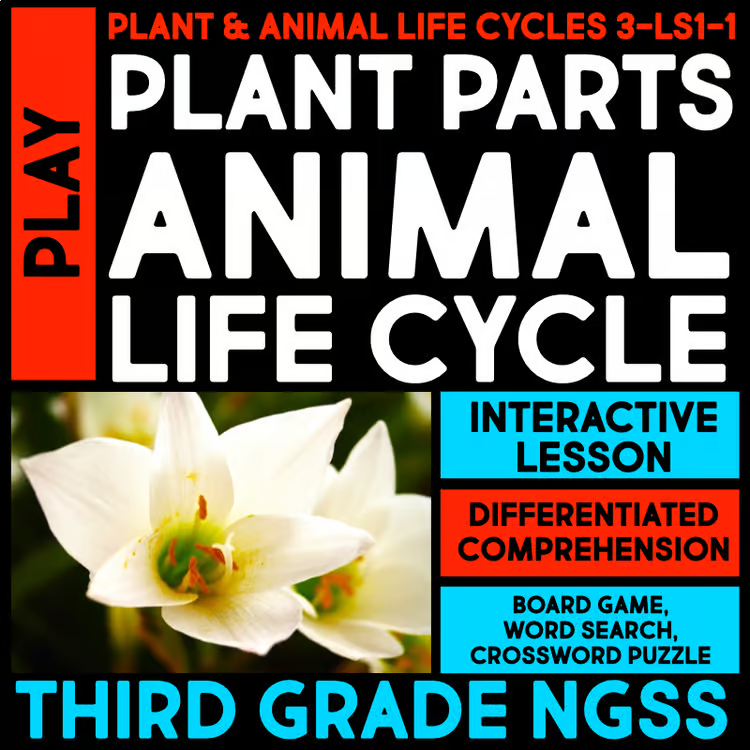 Image: An educational graphic for third grade NGSS covering plant parts and animal life cycles, featuring white flower imagery, interactive lessons, animal life cycle games, and comprehension activities.