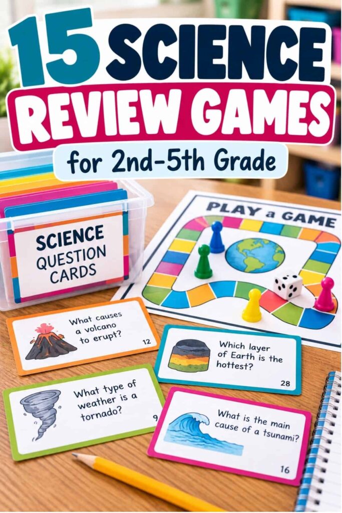 15 Science Review Games That Are Easy to Run (No Prep Required When You Have the Right Cards) 1 15 Science Review Games offers a colorful set for 2nd-5th graders with question cards, a game board, playing pieces, a die, and questions about volcanoes, Earth’s layers, tornadoes, and tsunamis.