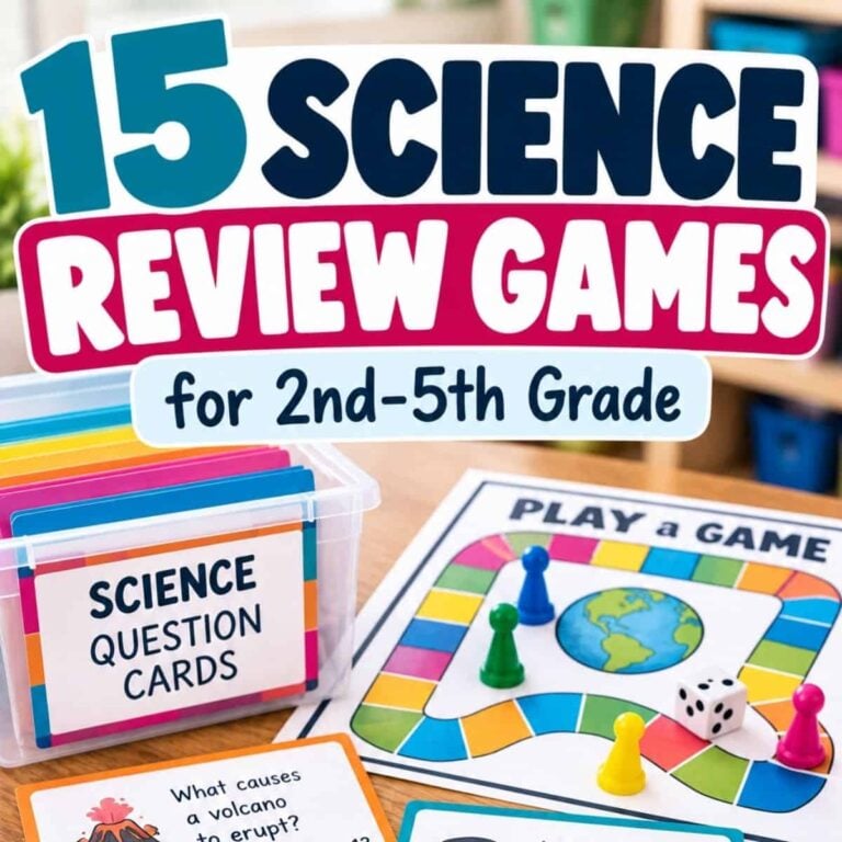 Colorful board game setup with science question cards, dice, and three game pieces&mdash;a fun way to use 15 Science Review Games (2) for elementary science review. Sign reads 15 Science Review Games for 2nd-5th Grade.