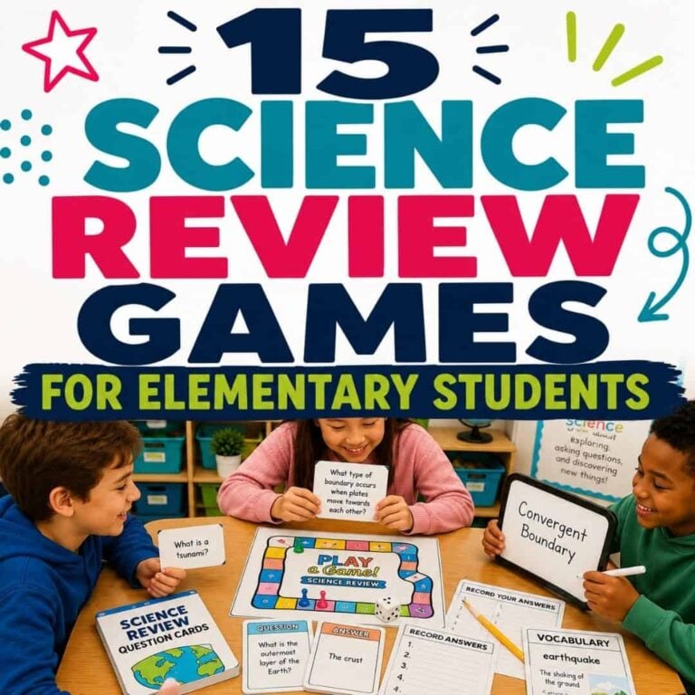 Three elementary students play a science review board game at a table, smiling and holding question cards. Above them, colorful bold text reads &ldquo;15 Science Review Games (2)&rdquo; for elementary students.