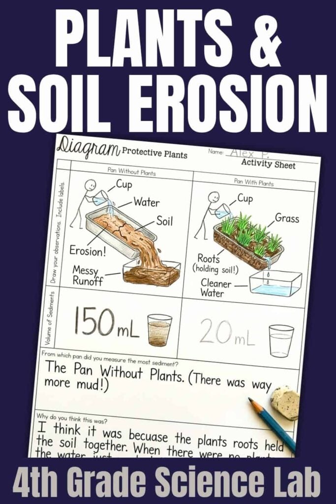 How Plants Prevent Erosion: 4th Grade Science Experiment 4 The 4th grade plants prevent erosion experiment worksheet features experiment diagrams comparing soil with and without grass—showing that grass reduces runoff and erosion. A ruler and pencil are next to the sheet.