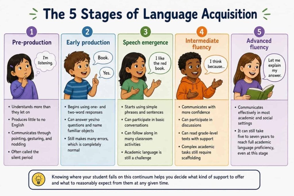 The "5 Stages of Language Acquisition" chart illustrates five children, each representing a language learning stage, with ELL classroom strategies and skill descriptions to support students at each phase.