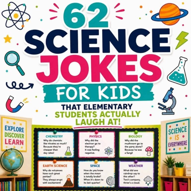 The 62 Science Jokes for Kids poster showcases science-themed icons, fun science jokes in boxes, and inspirational science posters in the background—perfect for making kids laugh and love science!.