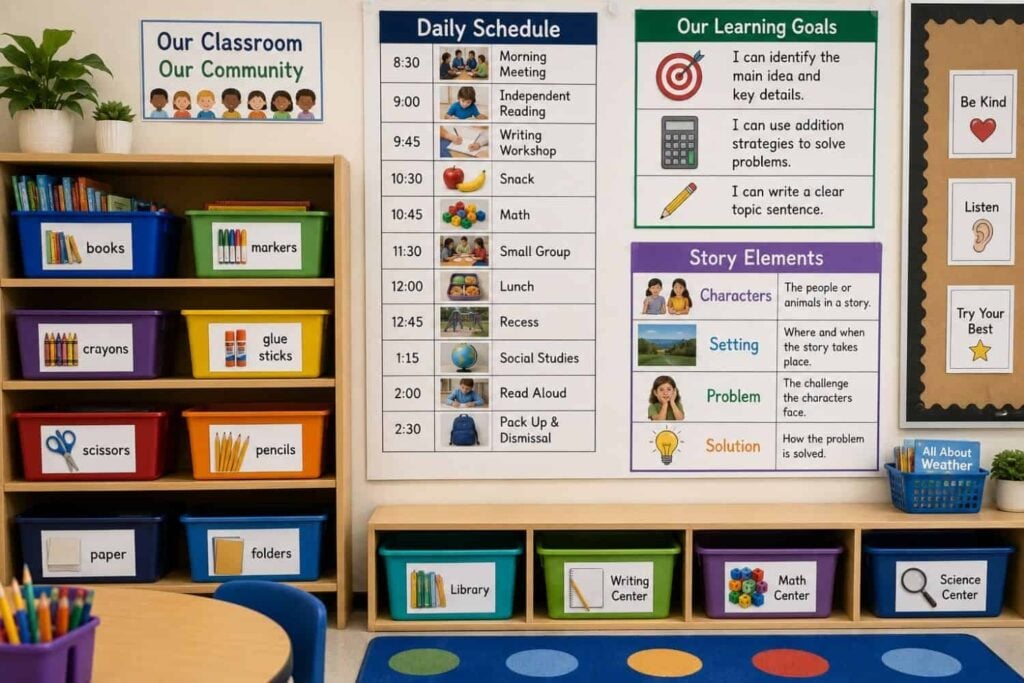 Classroom with labels for ELLs features labeled supply bins, a daily schedule, learning goals, story elements, positive posters, and ELL strategies for teachers. A round table completes this welcoming space for all students.