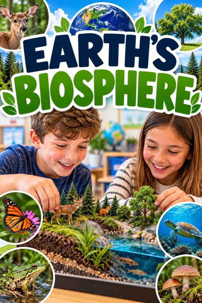 Earth's Biosphere: Hands-on Activities for Upper Elementary Students 1 Two children explore Earth’s Biosphere_ Hands-on Activities for Upper Elementary Students with animals, trees, and water. Nearby are a deer, turtle, frog, butterfly, and forest. Bold text reads Earth’s Biosphere.