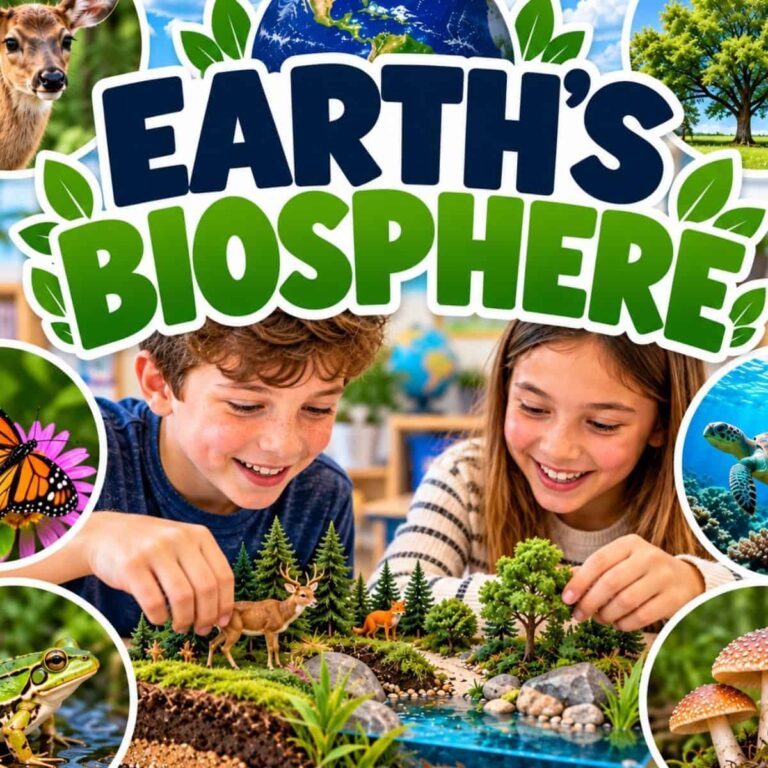 Two children use Earth’s Biosphere_ Hands-on Activities for Upper Elementary Students (2) (1) to explore a miniature landscape with animals and trees, surrounded by wildlife photos and the words Earth’s Biosphere above.