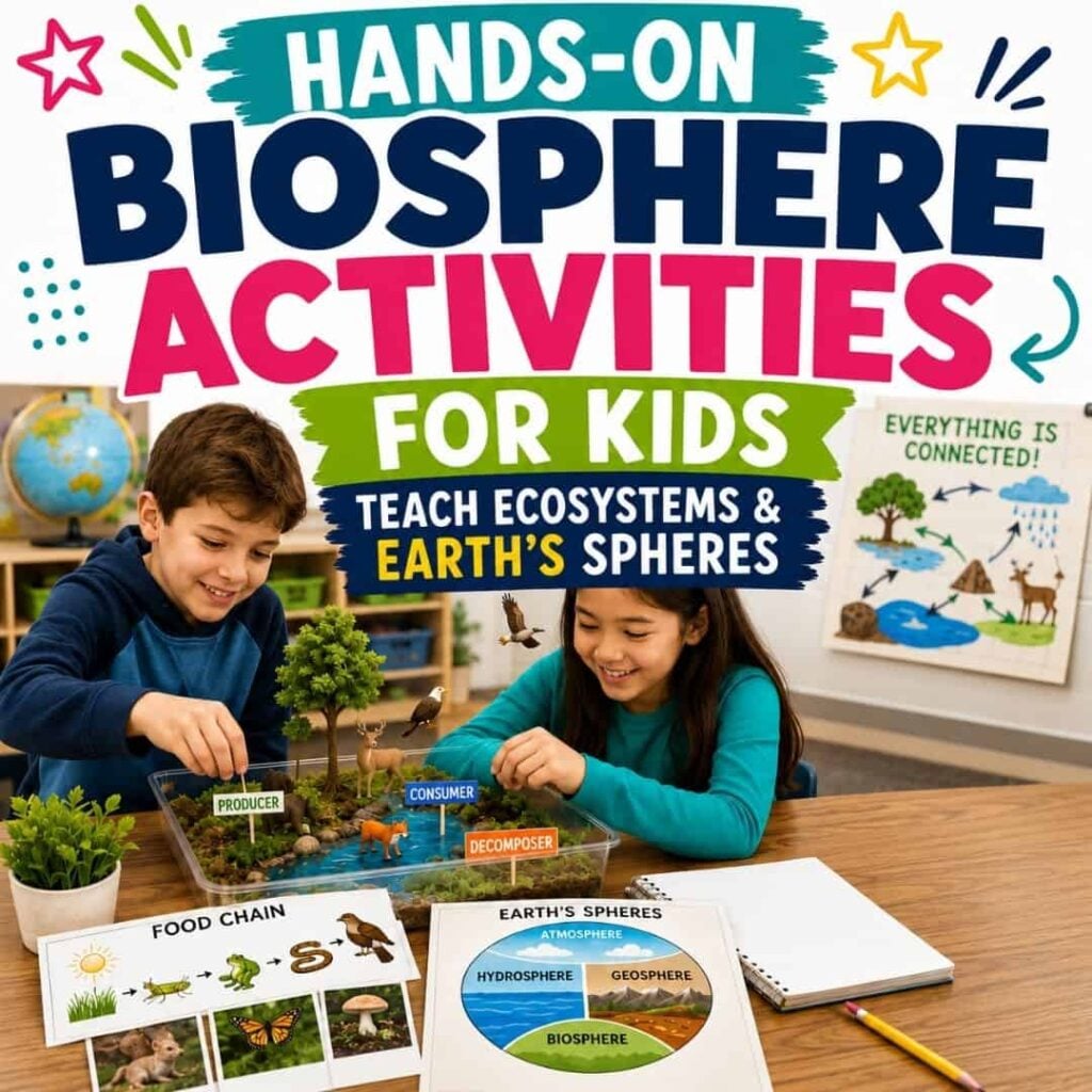 Two children use &ldquo;Earth&rsquo;s Biosphere_ Hands-on Activities for Upper Elementary Students (2),&rdquo; exploring ecosystems, food chains, and Earth&rsquo;s spheres with labeled cards, diagrams, and colorful educational materials at a table.
