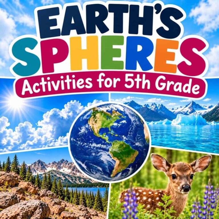 Earth’s Spheres Activities for 5th Grade (2) is a colorful poster showing Earth, mountains, lakes, pines, a fawn in purple flowers, and a blue sky with clouds.
