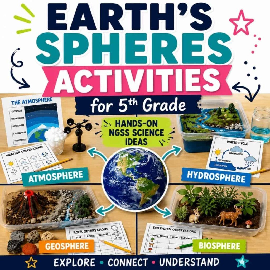 Earth's Spheres Activities for Elementary Students: A Complete Resource Guide 43 Earth's Spheres Activities for 5th Grade (2) features a vibrant educational image with hands-on models of the atmosphere, hydrosphere, geosphere, and biosphere around a labeled globe to support NGSS science concepts.