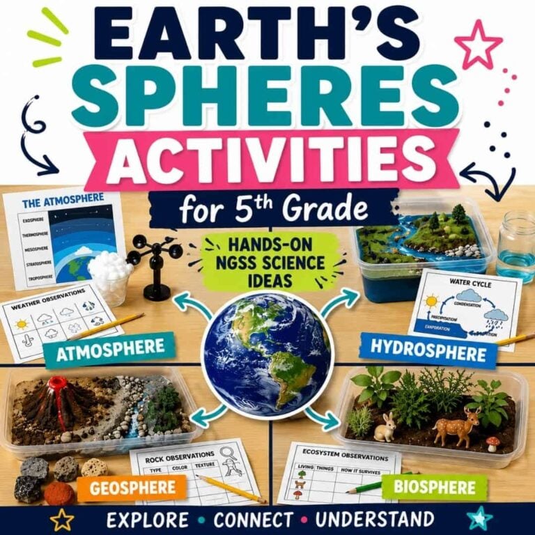 Earth's Spheres Activities for 5th Grade (2) features a vibrant educational image with hands-on models of the atmosphere, hydrosphere, geosphere, and biosphere around a labeled globe to support NGSS science concepts.