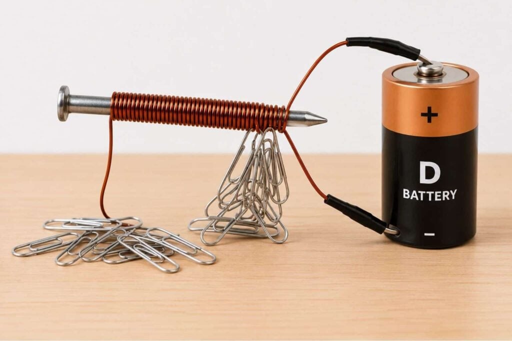 The Electromagnet 3rd Grade lets kids connect a D battery to coiled copper wire around a large nail. When both wire ends touch the battery, paperclips stick to the nail&rsquo;s ends, showing how electromagnets attract metal objects.