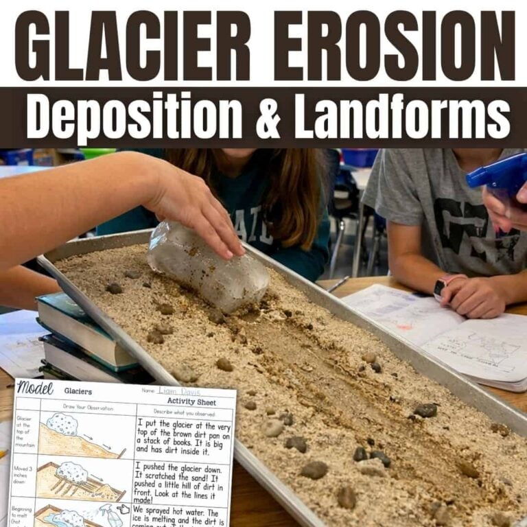 In the Glacier erosion 4th grade (2) activity, students model glacier erosion by dragging a plastic bottle over sand and rocks in a tray, with a glacier erosion and deposition worksheet featured in the foreground.