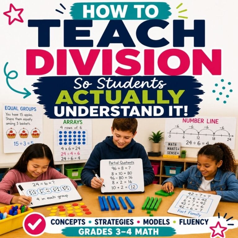 Three students at a table use division math tools and whiteboards. Colorful signs about division are behind them. Text: How to Teach Division in Elementary School &ndash; Help Grades 3-4 truly understand division!.