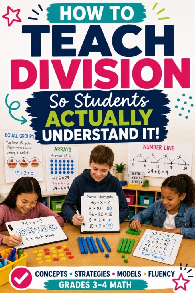 How to Teach Division in Elementary School: Strategies and Activities 1 Three elementary students use math manipulatives and whiteboards to solve division problems. Above them, colorful text reads: How to Teach Division in Elementary School Activities for Grades 3–4 Math.