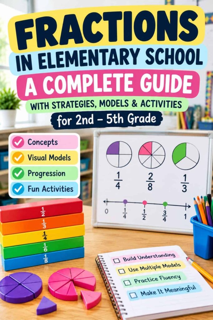 How to Teach Fractions in Elementary School: Strategies, Models, and Activities 1 Cover image for How to Teach Fractions guide, showing colorful fraction models, a whiteboard with visuals, and a checklist of concepts and fun activities for grades 2-5.