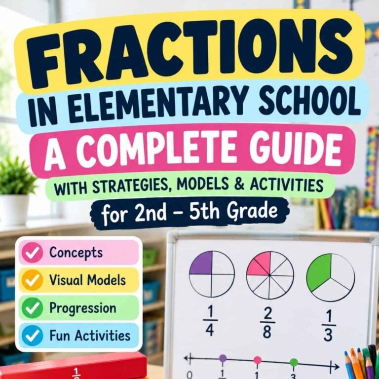 A classroom scene with a sign reading How to Teach Fractions (2) and a whiteboard featuring colorful fraction circles—perfect for teaching fractions in elementary school.