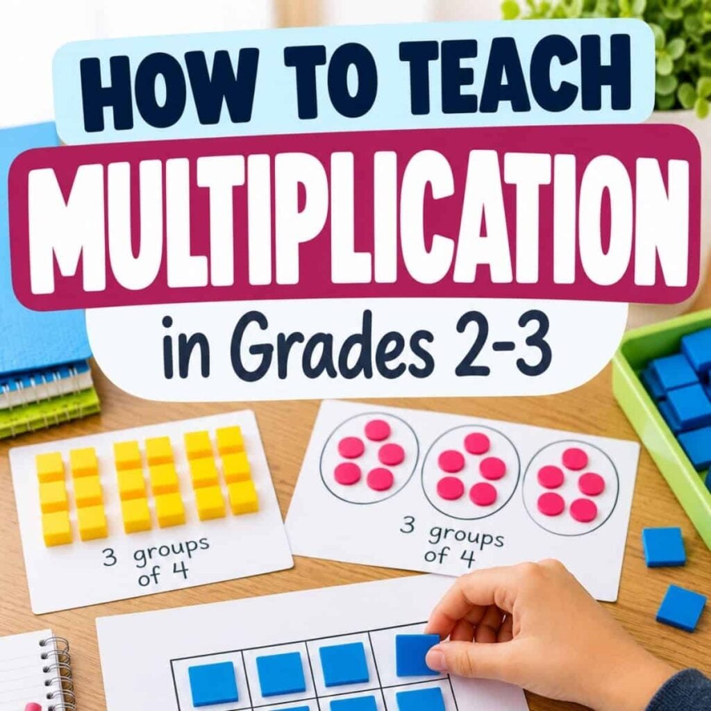 How to Teach Multiplication to Elementary Students: Strategies and Models 10 A child arranges counters on cards with How to Teach Multiplication (2) in Grades 2-3 above the table—perfect for mastering multiplication strategies. Notebooks and materials are also visible.