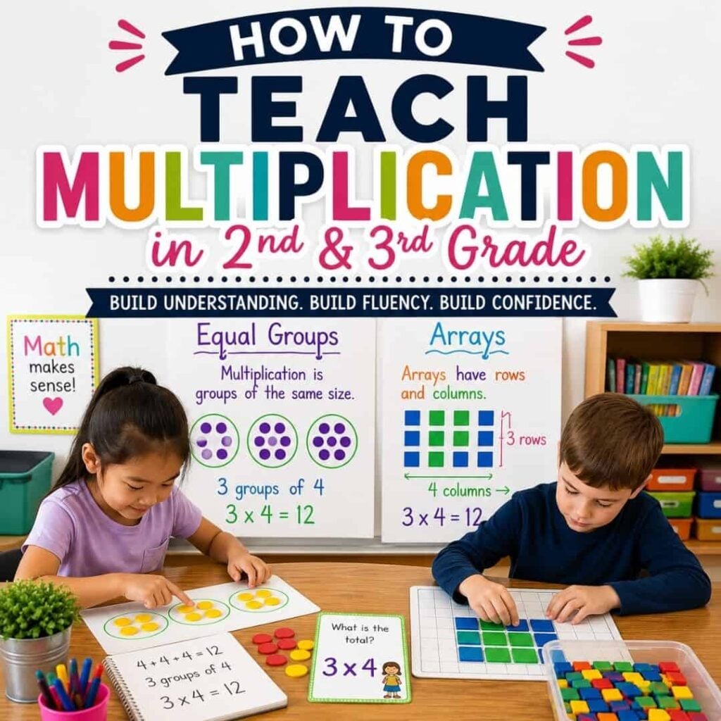 Two young children use the "How to Teach Multiplication (2)" set with manipulatives at a table. Colorful posters in the background show 2nd and 3rd grade multiplication concepts, including equal groups and arrays.