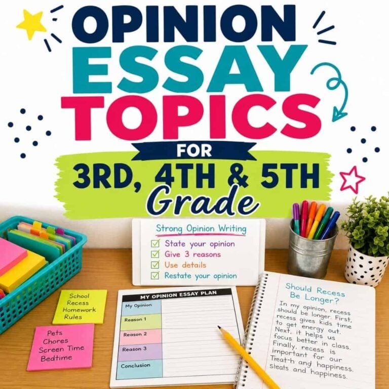 A vibrant classroom displays &ldquo;Opinion Essay Topics for 3rd, 4th, and 5th Grade Students (2)&rdquo; with writing tips, a sample essay plan, classroom supplies, and a notecard featuring creative opinion essay topics.