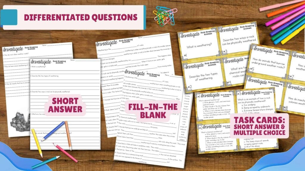 A wooden table displays Weathering Animals that Break Rocks worksheets, featuring lined short answer sheets, fill-in-the-blank pages, and colorful task cards for an animal weathering activity. A paperclip cluster decorates the corner.