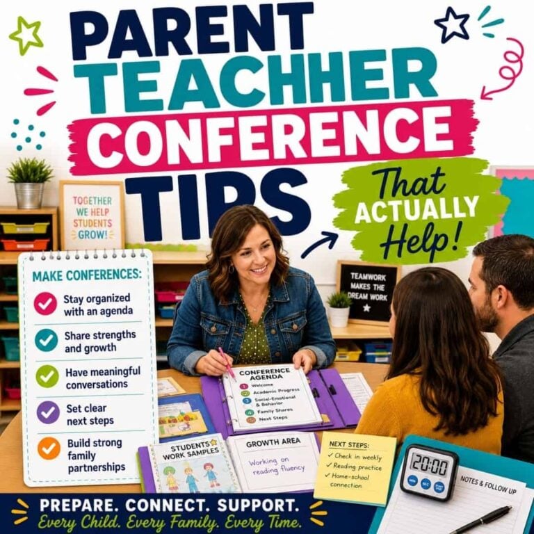 A teacher meets with two parents at a table, discussing the "Parent Teacher Conference Tips That Actually Work (2)" poster, which features colorful graphics, an easy checklist, and practical advice on what to say at conferences.
