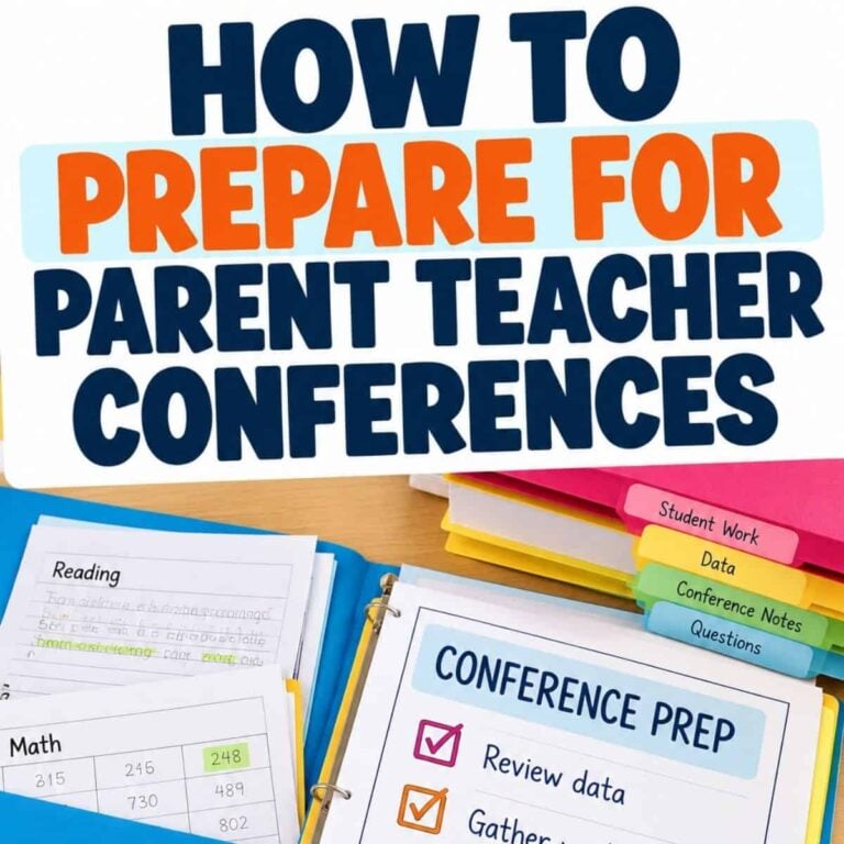 Prepare for parent teacher conferences with this organized binder featuring charts, papers, and folders labeled Student Work, Data, and Conference Notes. Above the binder, text reads: How to Prepare for Parent Teacher Conferences. An included conference checklist ensures you cover all key points and helps streamline your parent teacher conference agenda.