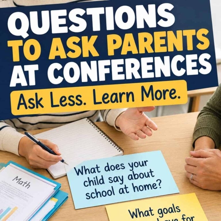 Two people sit at a table with papers and signs. Large text says, Questions to ask parents. Ask less. Learn more. Note cards from the Questions to ask parents set include ideas like, What does your child say about school at home?, helping teachers consider what to ask during parent conferences and providing helpful questions for teachers at parent teacher meetings.