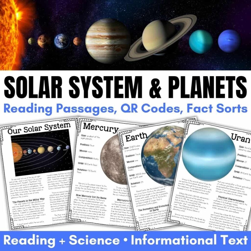 The "Solar System & Planets" features a graphic of the planets in a row, plus worksheets and reading passages for grades 2-4, with QR codes and fact sorts to help students explore the planets.