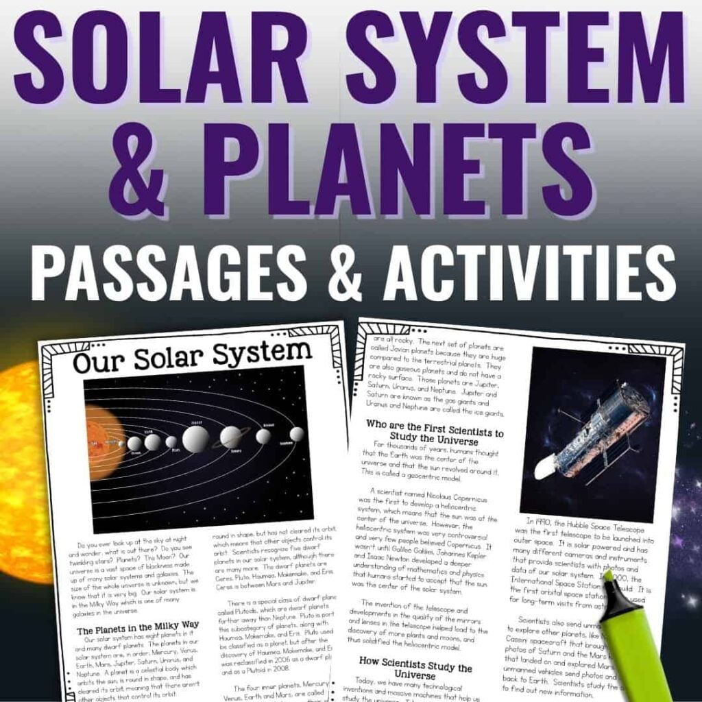 Space Science for Elementary Students: A Teacher's Guide for 2nd–5th Grade 2 The graphic for Solar System & Planets Passages displays two educational worksheets featuring space-themed texts, solar system facts, a diagram, and the Hubble Space Telescope.