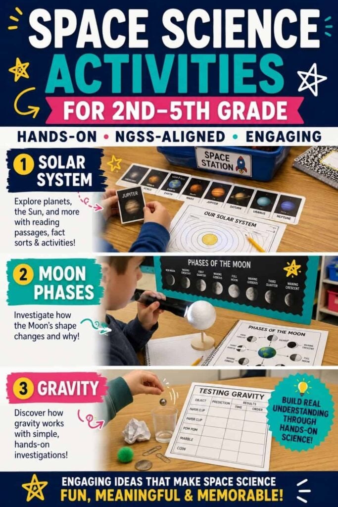 Space Science for Elementary Students: A Teacher's Guide for 2nd–5th Grade 1 The "Space Science Activities for Kids" poster features engaging visuals of kids exploring planets, investigating moon phases, and discovering gravity—perfect activities for elementary students learning space science.