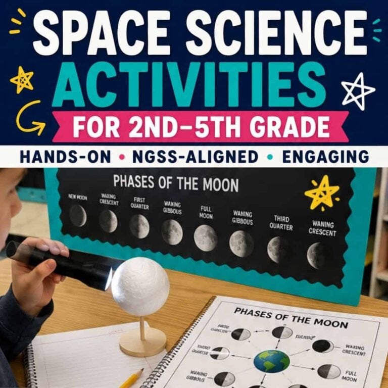 A child uses Space Science Activities for Kids to explore moon phases with a flashlight and globe, backed by a chart. Text emphasizes hands-on, NGSS-aligned space science and engaging solar system activities for elementary students.