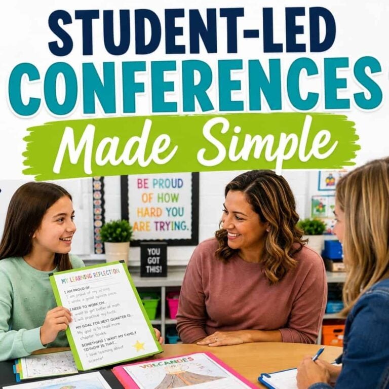 A smiling student shares a reflection sheet with two adults at a table, demonstrating the easy-to-use format of Student-Led Parent Teacher Conferences: A Complete Guide. The background features motivational posters and school supplies. Text above reads, Student-led conferences made simple.