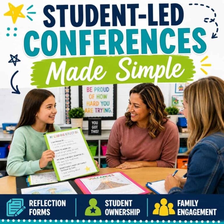 A smiling student holds a reflection sheet while talking with two adults. Background text says, “Student-Led Parent Teacher Conferences_ A Complete Guide (4),” highlighting the benefits of student-led family engagement conferences.