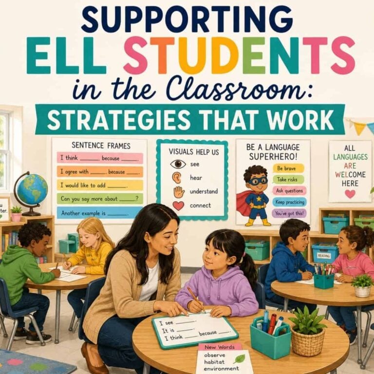 A teacher assists a diverse group of young students in a vibrant classroom decorated with Supporting ELL Students posters, featuring English language learner strategies for elementary levels and helpful language tips. Children work in small groups, surrounded by visible learning materials on the tables and walls.