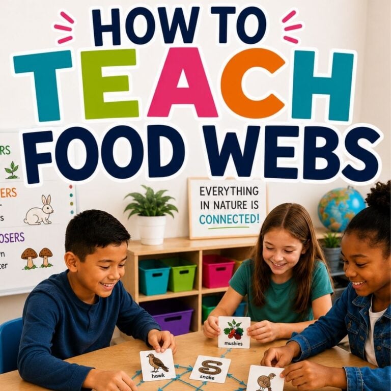 Three children smile as they connect animal and plant cards from Teach food webs, showing food chains and webs. A sign says, "Everything in nature is connected!"—making Teach food webs perfect for teaching elementary students.