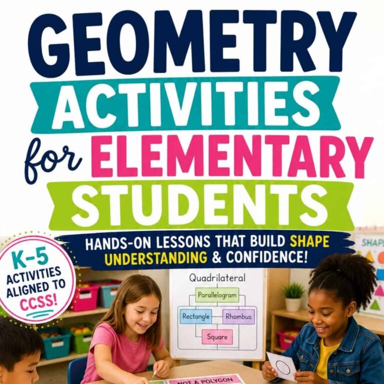Three elementary students sit at a table, smiling and working with colorful shapes and a quadrilateral chart. Text above reads: Teaching Geometry in Elementary School. Perfect for teaching polygons and making geometry activities in elementary school engaging and fun!.