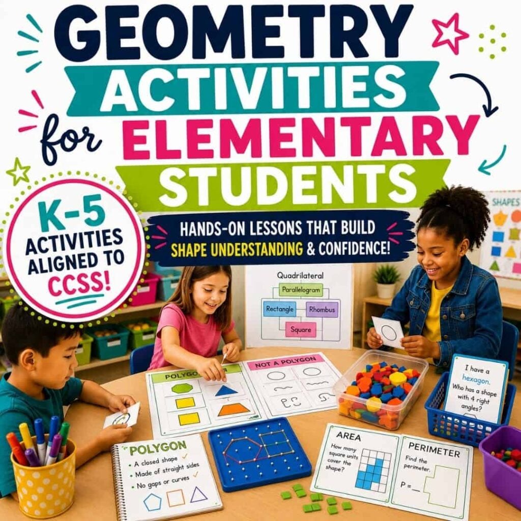 Three elementary students work on geometry activities at a table, using colorful shapes and math cards. A sign reads, &ldquo;Teaching Geometry in Elementary School&mdash;K-5 activities aligned to CCSS for teaching geometry!&rdquo;.