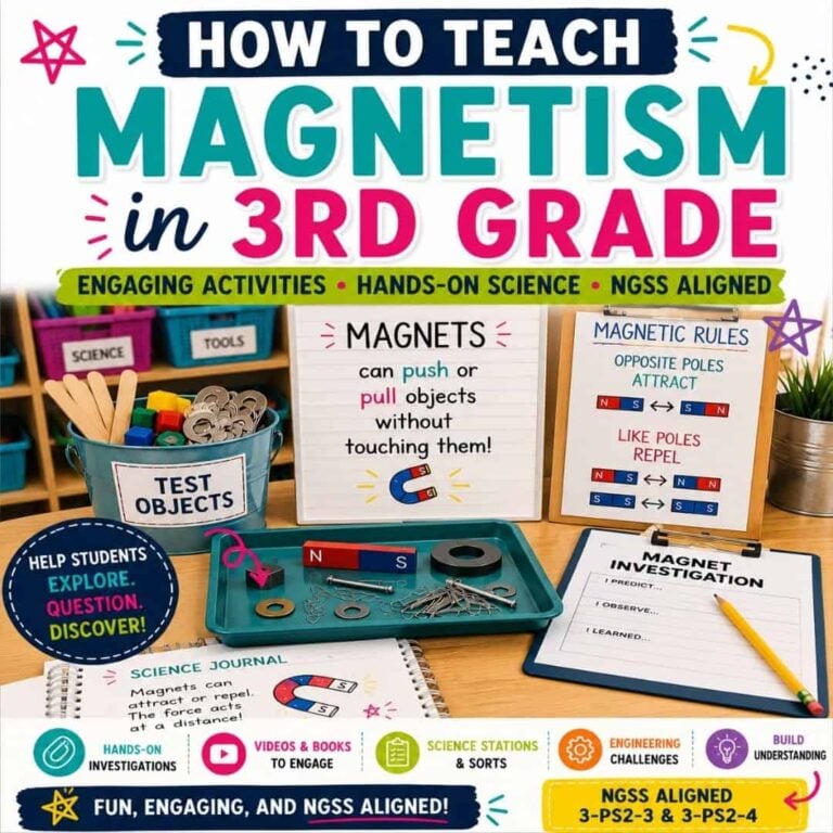 The Teaching Magnets in 3rd Grade set features magnets, metal objects, activity cards, and magnetic rules posters—perfect for colorful classroom displays and hands-on activities to help kids explore magnetism.