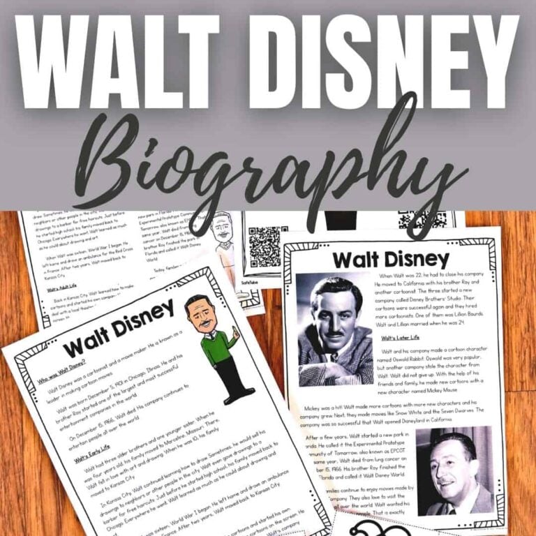Three illustrated biography pages about Walt Disney are arranged on a wooden surface. The bold title "Walt Disney Biography Activities Square" appears at the top—ideal for engaging student activities about Walt Disney’s life.