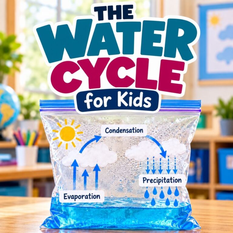 Water Cycle Activities for Kids features a plastic bag displaying the water cycle stages—evaporation, condensation, and precipitation—with labeled arrows, perfect for 2nd grade science lessons.
